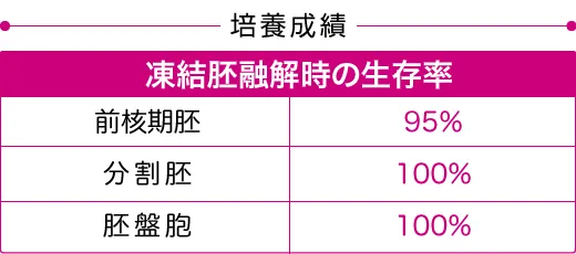 培養成績 凍結胚融解時の生存率 前核期胚 95%、分割胚 100%、胚盤胞 100%