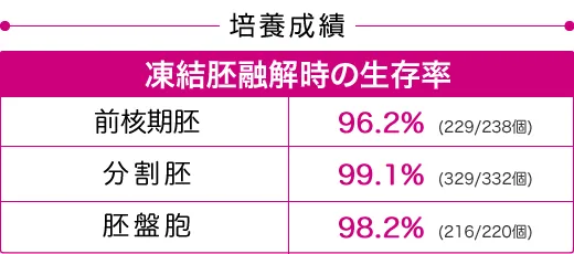 培養成績 凍結胚融解時の生存率 前核期胚 96.2%、分割胚 99.1%、胚盤胞 98.2%