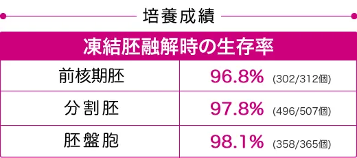 培養成績 凍結胚融解時の生存率 前核期胚 96.8%、分割胚 97.8%、胚盤胞 98.1%